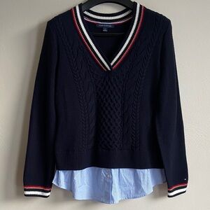 Tommy Hilfiger Women's Cable-Knit Layered-Look Sweater in navy blue M